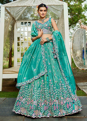 Green Blended Silk Dupatta Lehenga Set