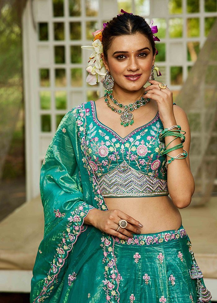 Green Blended Silk Dupatta Lehenga Set