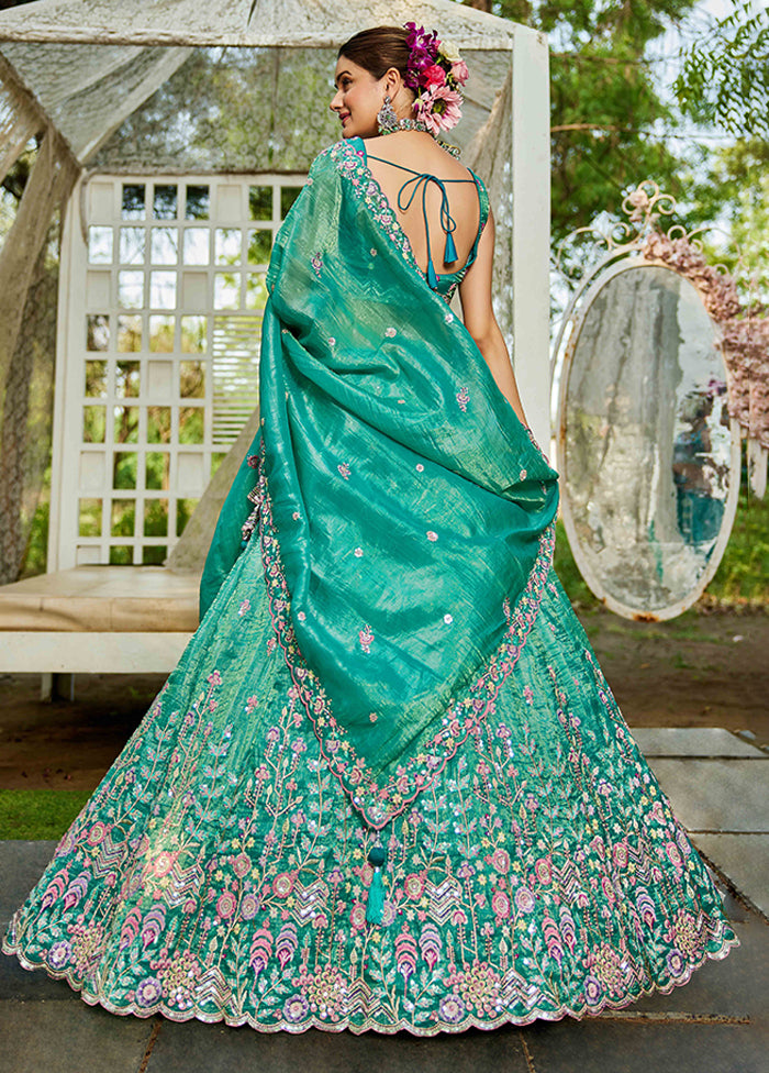 Green Blended Silk Dupatta Lehenga Set