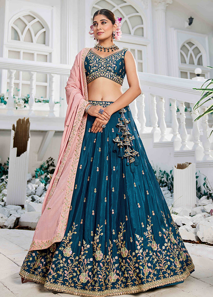 Blue Blended Silk Dupatta Lehenga Set