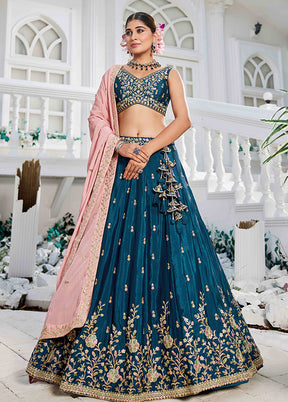 Blue Blended Silk Dupatta Lehenga Set