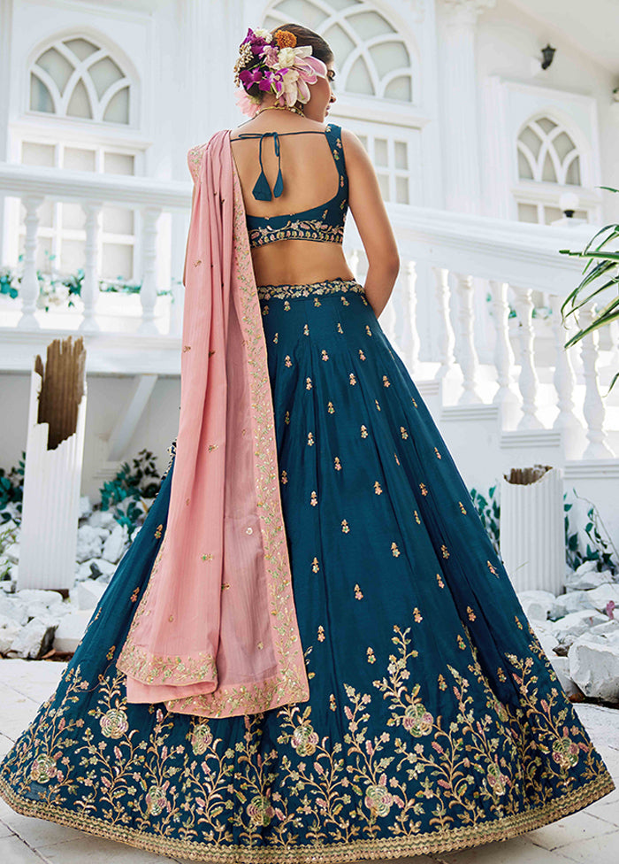 Blue Blended Silk Dupatta Lehenga Set