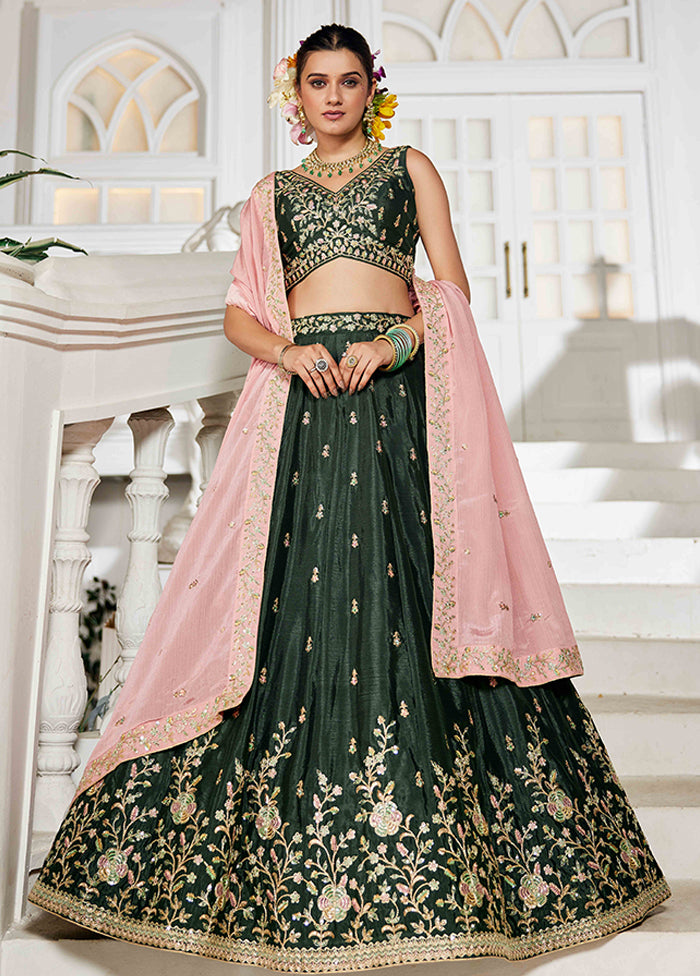 Green Blended Silk Dupatta Lehenga Set
