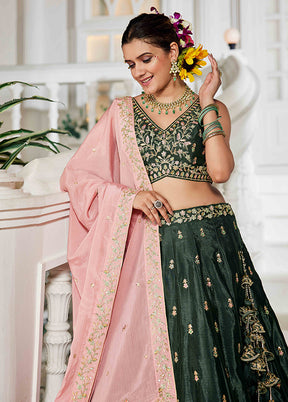 Green Blended Silk Dupatta Lehenga Set