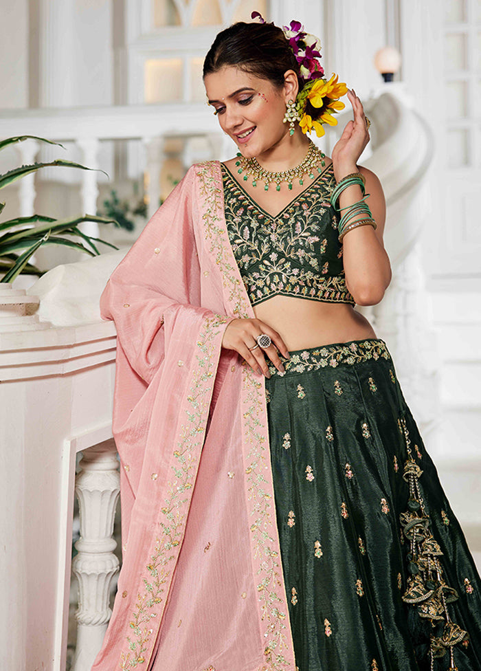 Green Blended Silk Dupatta Lehenga Set