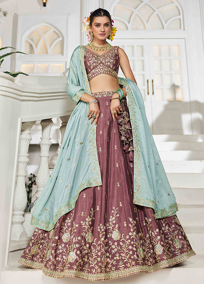 Brown Blended Silk Dupatta Lehenga Set