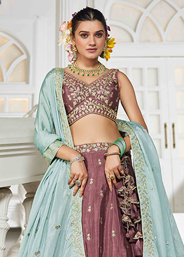 Brown Blended Silk Dupatta Lehenga Set