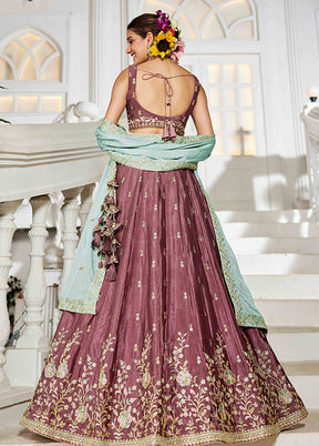 Brown Blended Silk Dupatta Lehenga Set