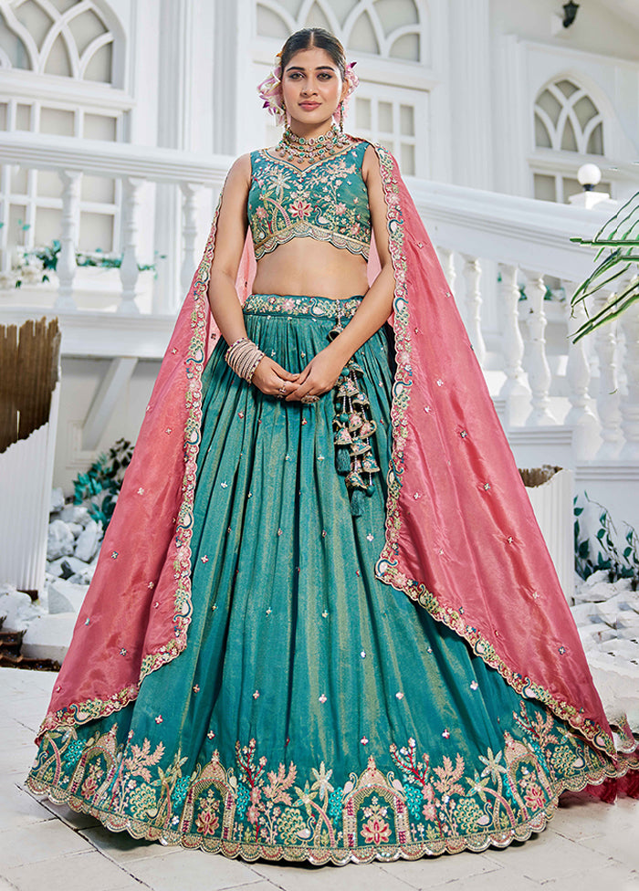 Green Blended Silk Dupatta Lehenga Set