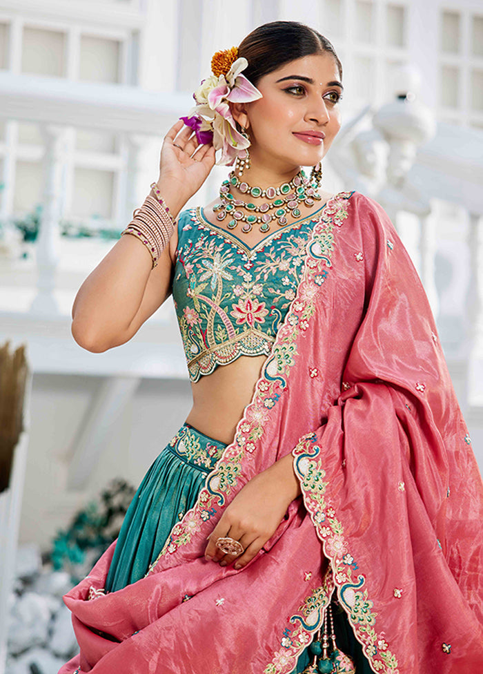 Green Blended Silk Dupatta Lehenga Set