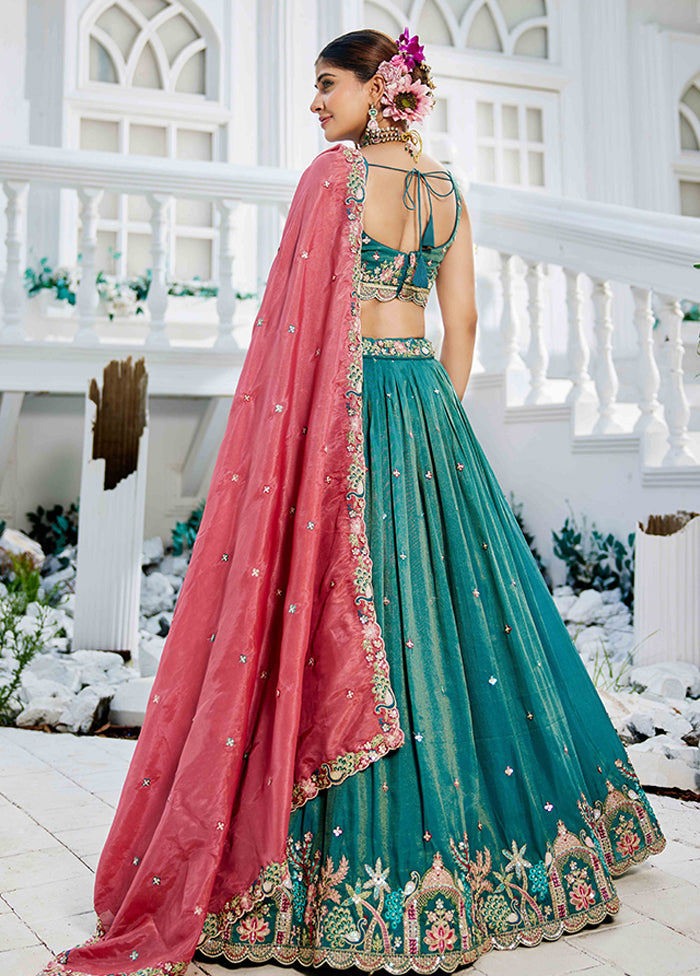 Green Blended Silk Dupatta Lehenga Set