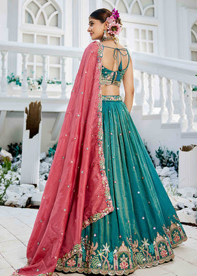 Green Blended Silk Dupatta Lehenga Set