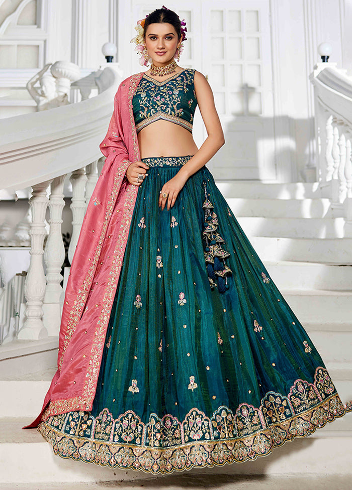 Green Blended Silk Dupatta Lehenga Set