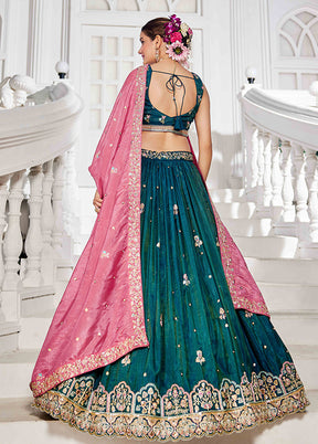 Green Blended Silk Dupatta Lehenga Set
