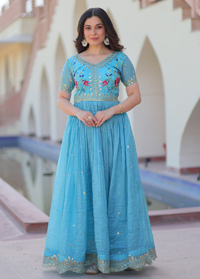 Blue Embroidery Work Silk Gown