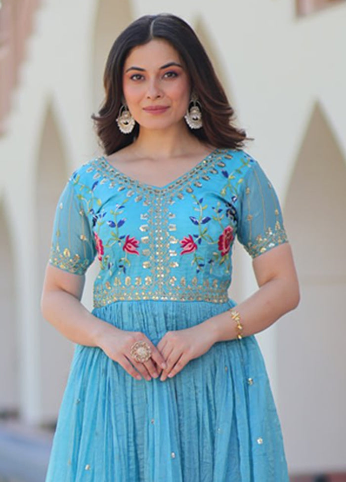 Blue Embroidery Work Silk Gown