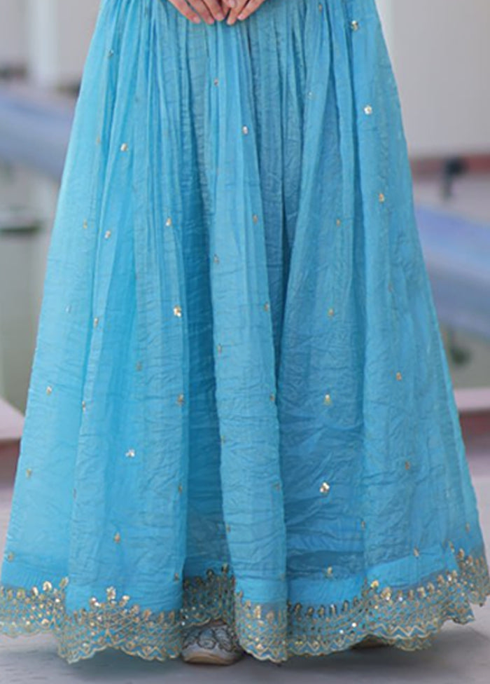 Blue Embroidery Work Silk Gown