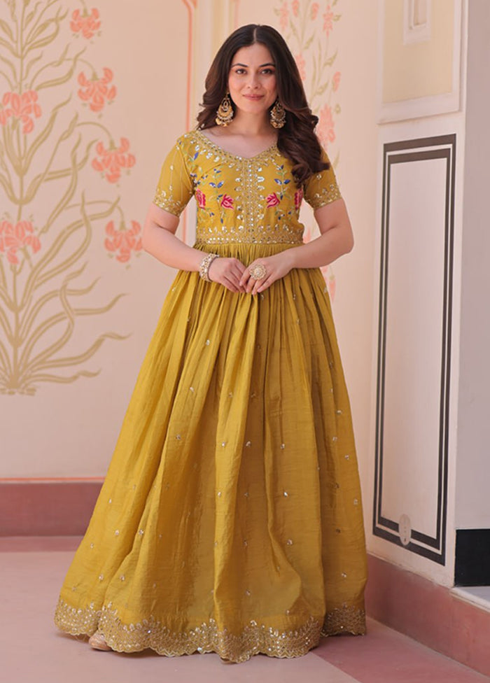 Yellow Embroidery Work Silk Gown