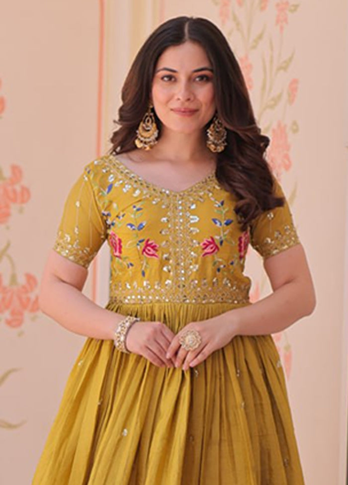Yellow Embroidery Work Silk Gown