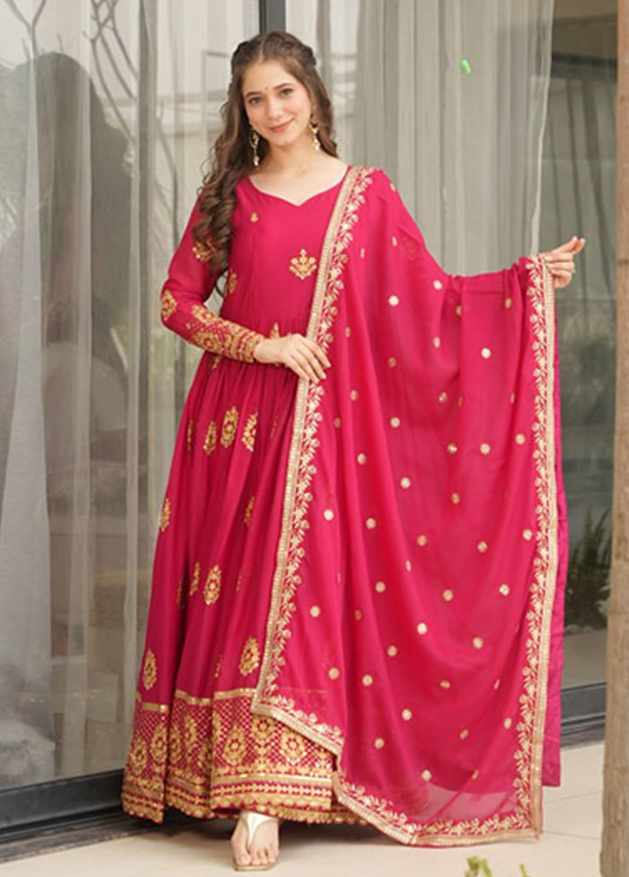 Pink Embroidery Work Georgette Gown With Dupatta