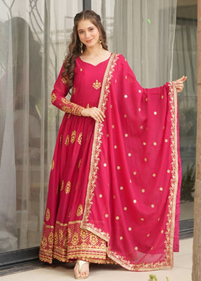 Pink Embroidery Work Georgette Gown With Dupatta