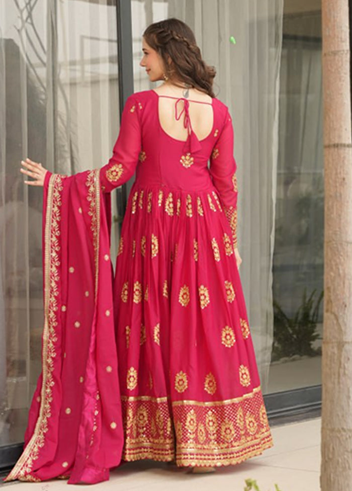 Pink Embroidery Work Georgette Gown With Dupatta