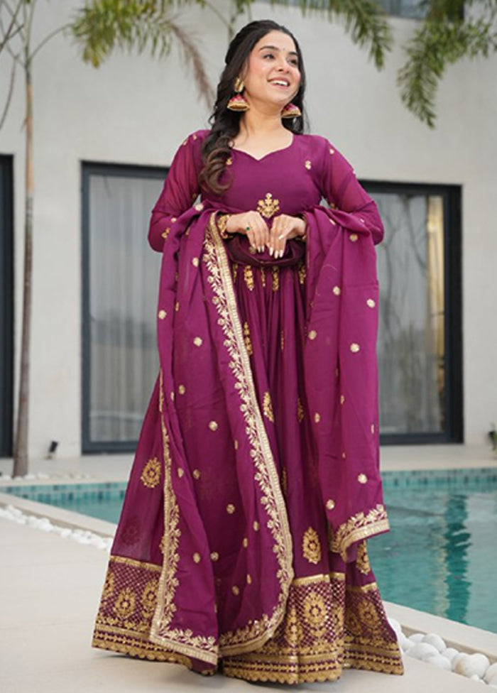 Wine Embroidery Work Georgette Gown With Dupatta