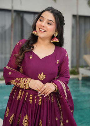 Wine Embroidery Work Georgette Gown With Dupatta