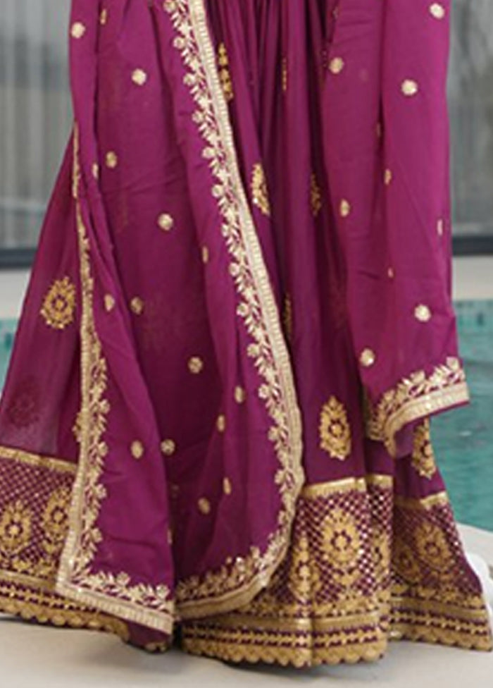 Wine Embroidery Work Georgette Gown With Dupatta
