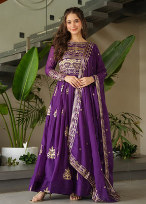 Purple Embroidery Work Silk Gown With Dupatta