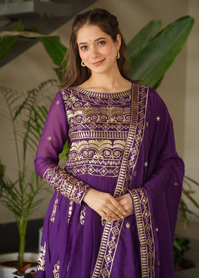 Purple Embroidery Work Silk Gown With Dupatta