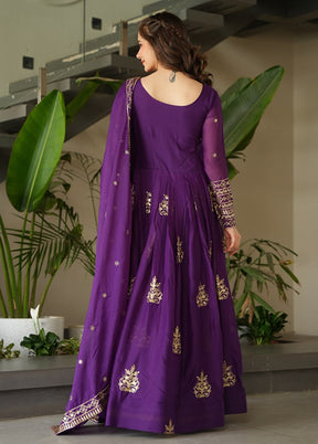 Purple Embroidery Work Silk Gown With Dupatta