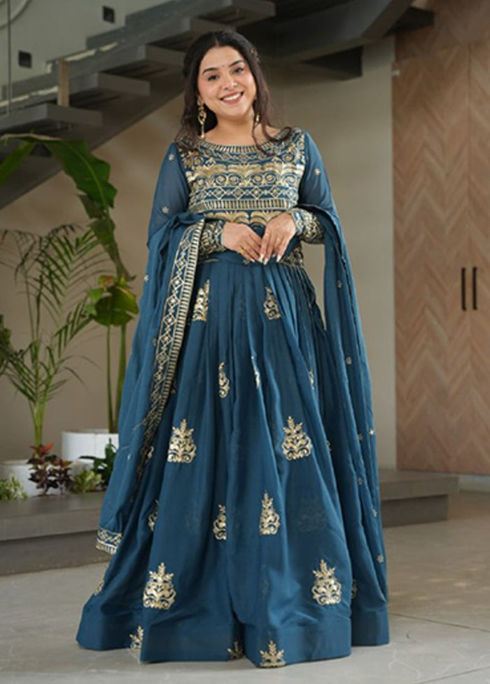 Blue Embroidery Work Silk Gown With Dupatta