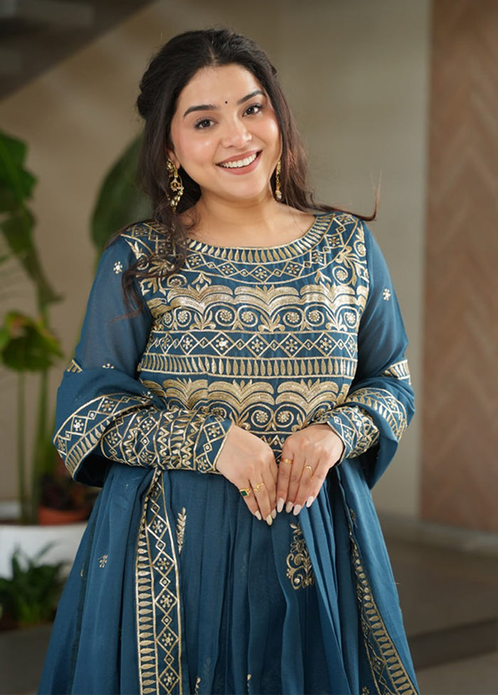 Blue Embroidery Work Silk Gown With Dupatta