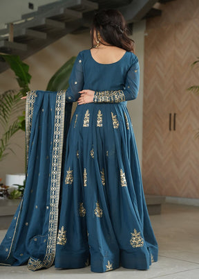 Blue Embroidery Work Silk Gown With Dupatta