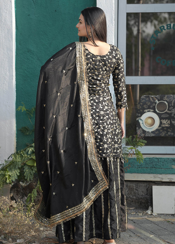 Black Blended Silk Dupatta Lehenga Set