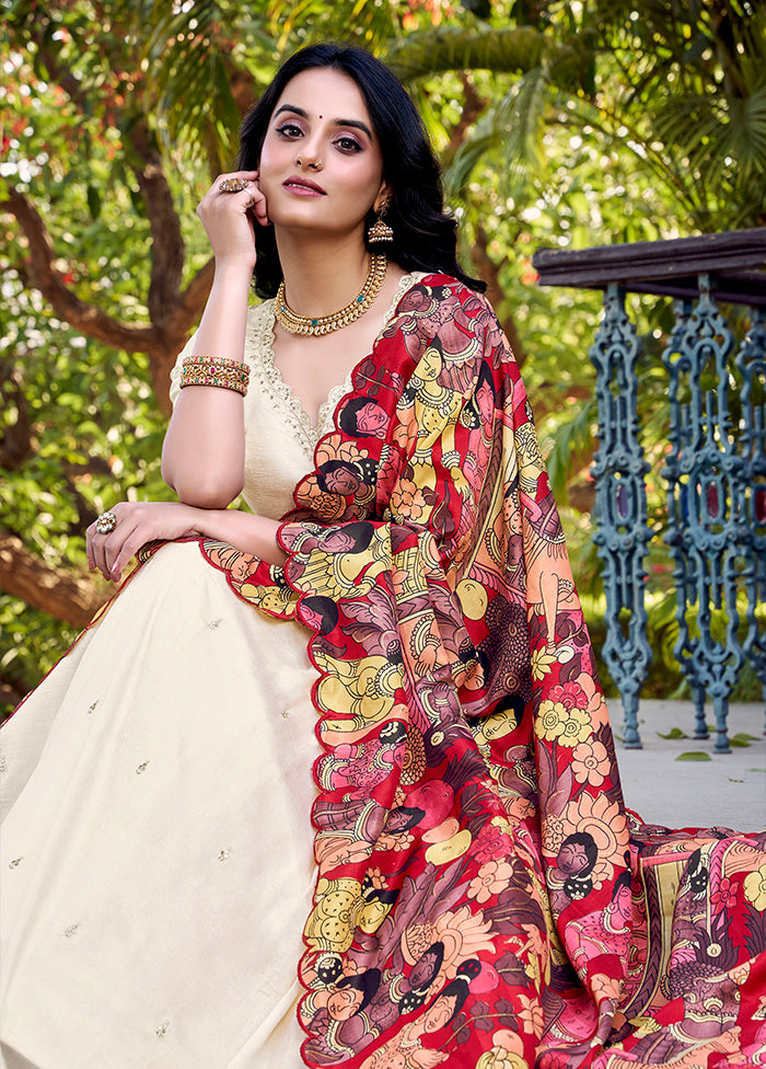 Cream Blended Silk Dupatta Lehenga Set