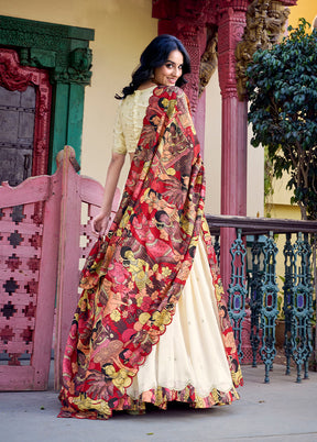 Cream Blended Silk Dupatta Lehenga Set