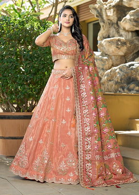 Peach Blended Silk Dupatta Lehenga Set
