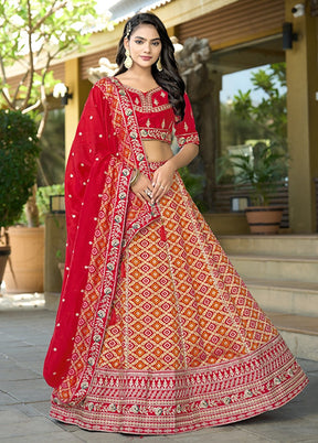 Red Blended Silk Dupatta Lehenga Set
