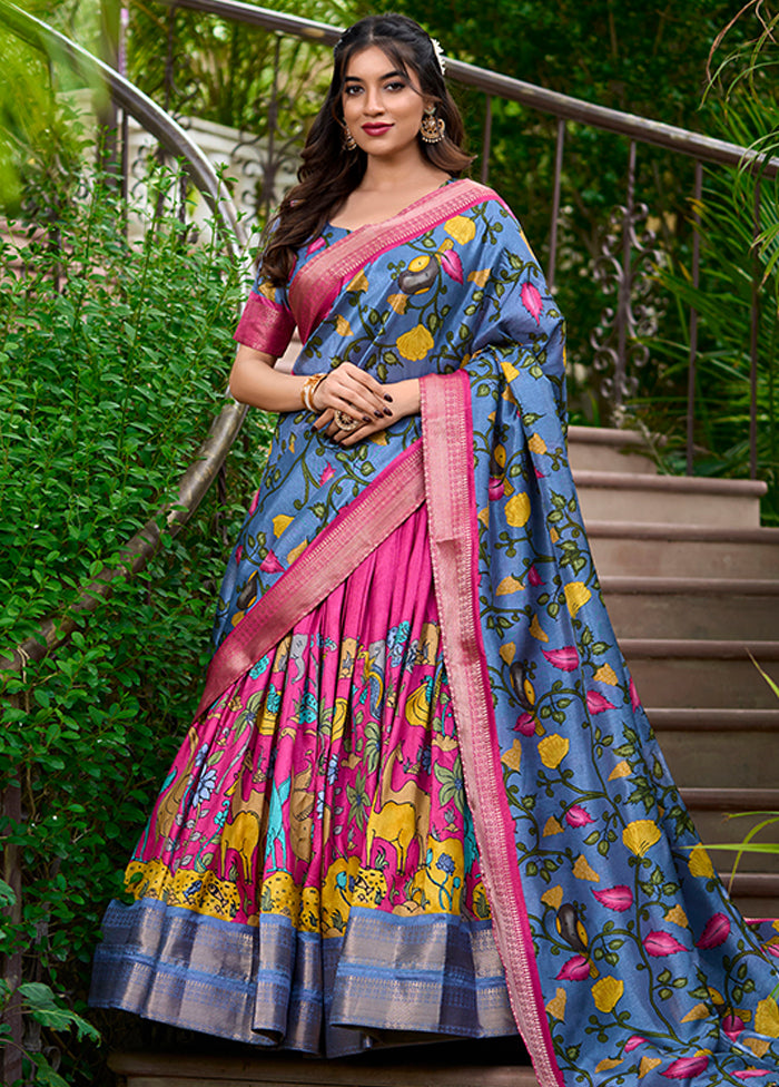 Blue Blended Silk Dupatta Lehenga Set