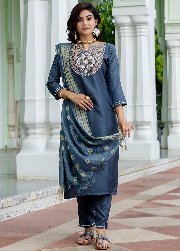3 Pc Grey Silk Suit Set