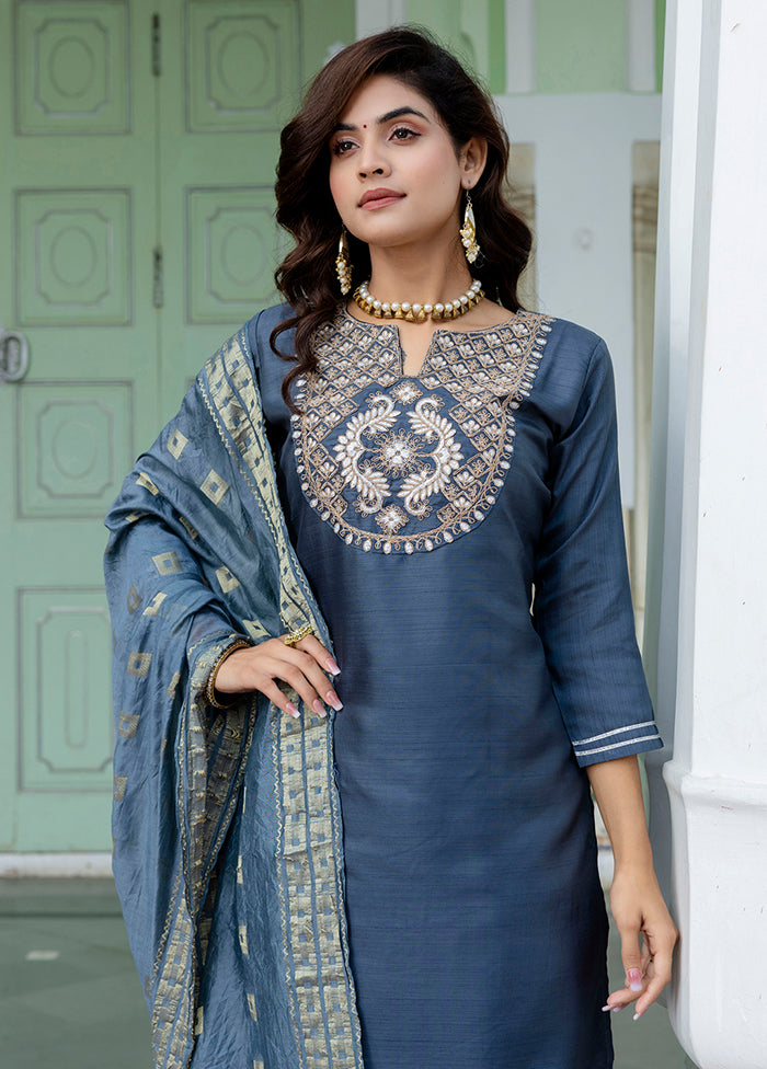 3 Pc Grey Silk Suit Set