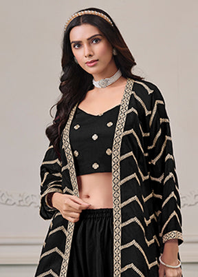 Black Woven Work Silk Jacket & Blouse With Plazzo