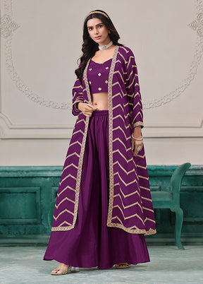 Purple Woven Work Silk Jacket & Blouse With Plazzo