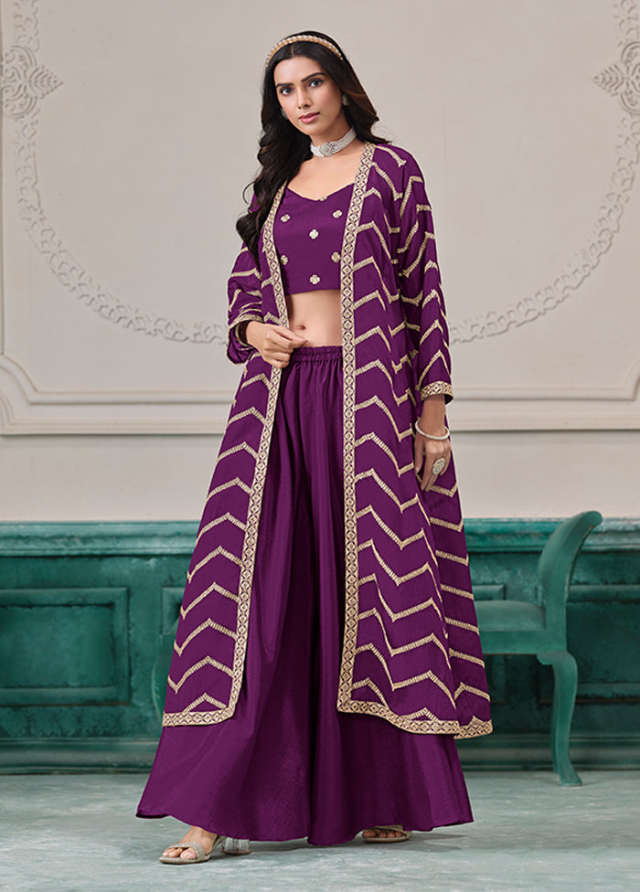 Purple Woven Work Silk Jacket & Blouse With Plazzo