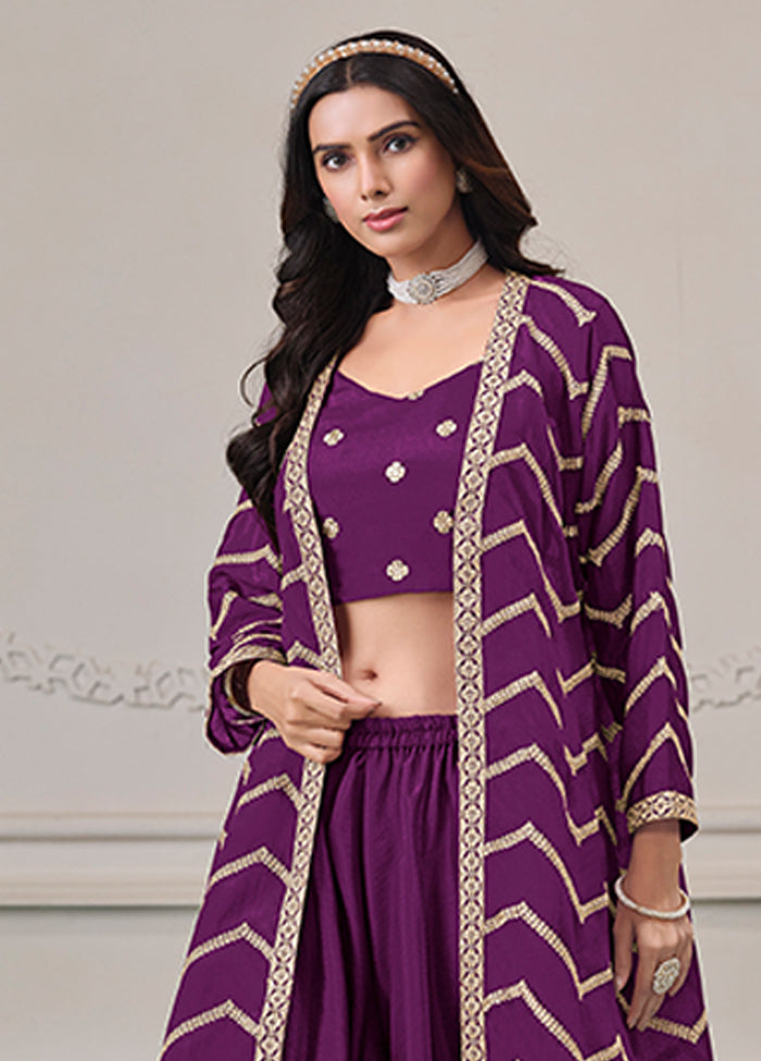 Purple Woven Work Silk Jacket & Blouse With Plazzo