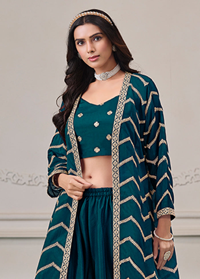 Blue Woven Work Silk Jacket & Blouse With Plazzo