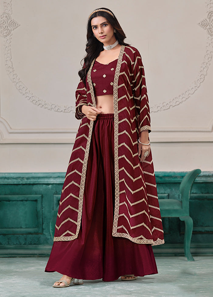 Maroon Woven Work Silk Jacket & Blouse With Plazzo