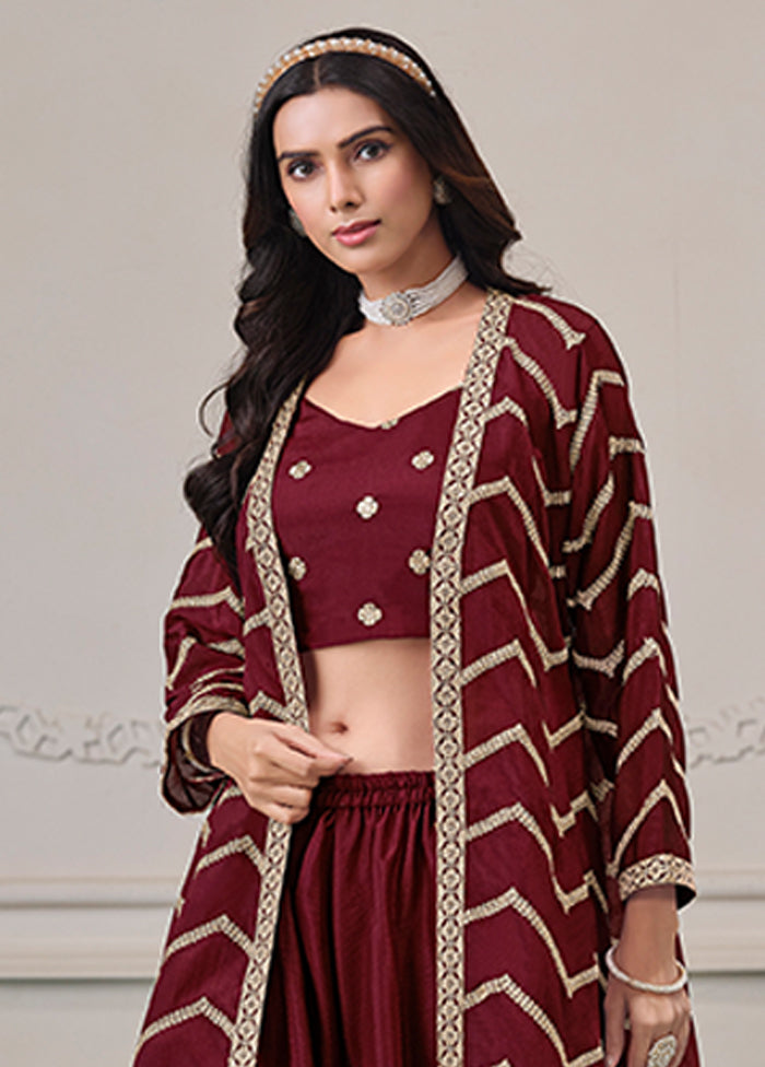 Maroon Woven Work Silk Jacket & Blouse With Plazzo